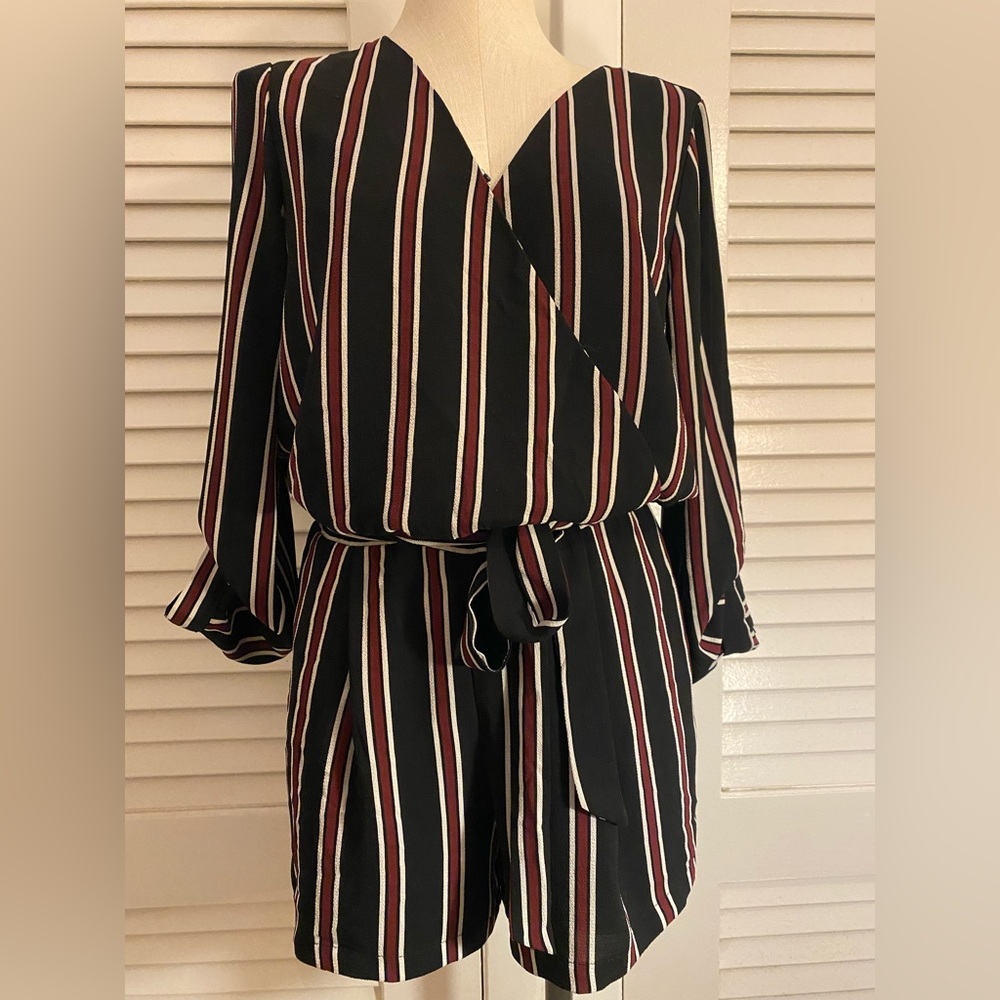 “Skies Are Blue” Black and Burgundy Striped Romper Shorts- Size M